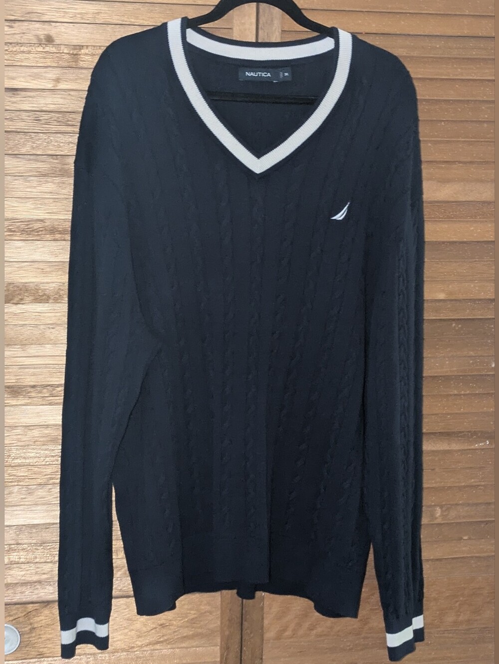 Nautica Blue V-Neck Cable Knit Sweater with White Trim